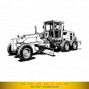 May include: Black and white illustration of a motor grader, a heavy construction machine. The grader has large tires, a blade, and a cab. The image is a vector graphic, suitable for digital use. The bottom of the image includes file type information and the words "INSTANT DOWNLOAD."