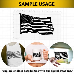 May include: A black and white American flag design. The flag is shown on a white t-shirt, a white mug, and a white sticker. "Explore endless possibilities with our digital creations." is written below the images.
