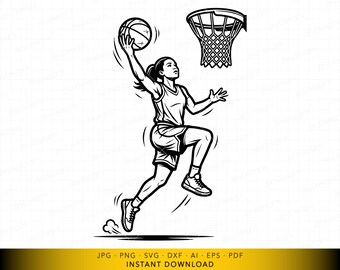Arquivo SVG de jogadora de basquete feminina, design de bandeja para cesta, arquivo vetorial esportivo para Cricut e gravação a laser.