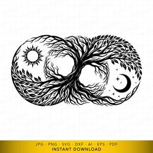 May include: Black and white illustration of a tree intertwined with sun and moon symbols, forming an infinity shape. The design features detailed branches, leaves, a sun with rays, and a crescent moon with stars. The image includes the text "INSTANT DOWNLOAD".