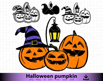 ハロウィンパンプキンsvg、パンプキンsvg、ハロウィンsvg、パンプキンシルエット、魔女svg、カットと彫刻用のベクターファイル