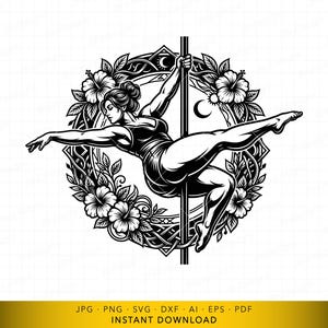 Poledance-dansare SVG, poledansare i luften med blomdetaljer och halvmåne, vektorfil för klippning och gravyr