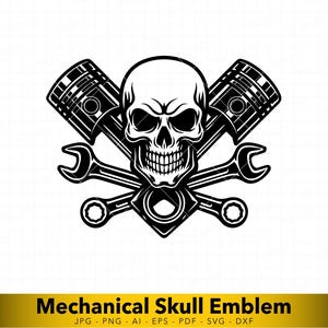 May include: Black and white mechanical skull emblem. The design features a skull with crossed wrenches and pistons. The text "Mechanical Skull Emblem" is displayed in a gold banner at the bottom.