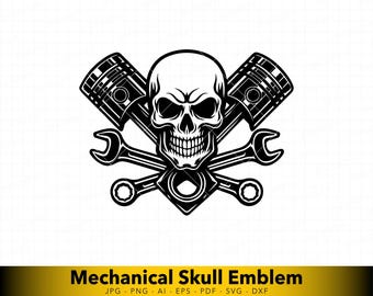 Calavera mecánica SVG, pistones cruzados y llaves inglesas vector para Cricut, emblema automotriz de garaje