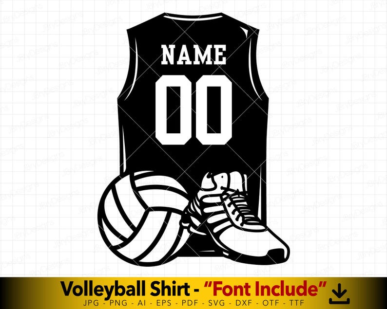 May include: Black and white digital design of a volleyball jersey with the text "NAME" and "00" on the front. A volleyball and a shoe are included in the design. The text "Volleyball Shirt - "Font Include" is at the bottom of the design.