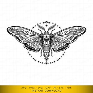 Polilla Celestial SVG, Insecto Celestial con Lunas Crecientes y Estrellas Diseño, Archivo Digital de Insecto Ornamental para Cricut y Grabado Láser