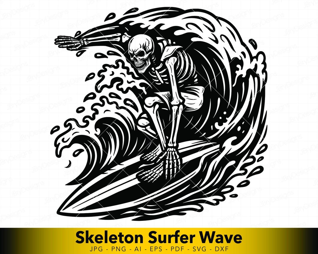 Skeleton Surfer SVG, Surfing Skull Wave Clipart, Extreme Surf Skull ...