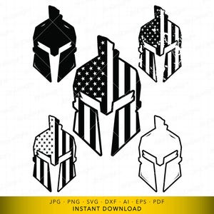 Spartan Helmet USA Flag SVG DXF, Warrior Helmet Silhouette Design, Gladiator Emblem Vector, Digital File for Cutting and Engraving