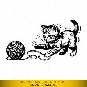 May include: Black and white illustration of a playful kitten with a ball of yarn. The kitten is reaching out with its paw towards the yarn, with a curious expression. The image is a digital download, available in JPG, PNG, SVG, DXF, AI, EPS, and PDF formats.
