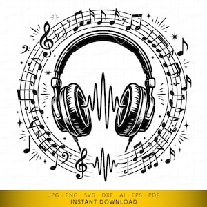 May include: Black and white graphic of headphones surrounded by musical notes and sound waves. The design includes treble clef symbols and starburst accents, creating a musical theme. The bottom of the image has text that says "INSTANT DOWNLOAD".