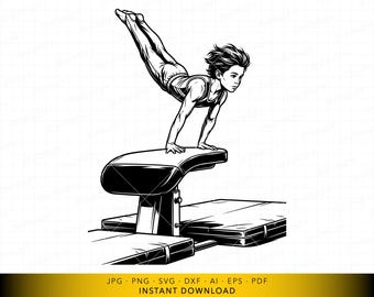 SVG de un niño gimnasta en caballo con arzones, atleta de gimnasia en caballo con arzones, archivo vectorial deportivo para Cricut y grabado láser.