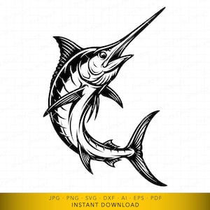 May include: A black and white illustration of a marlin fish, with its long, pointed bill and distinctive dorsal fin. The fish is depicted in a dynamic, leaping pose, showcasing its streamlined body and powerful tail. The image includes the text "INSTANT DOWNLOAD".