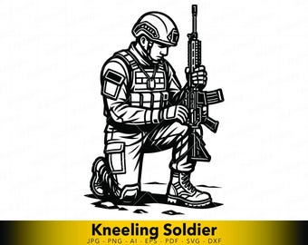 Homenagem ao Soldado Ajoelhado em SVG, Vetor de Memorial Militar para Cricut, Arte Linear de Honra e Lembrança