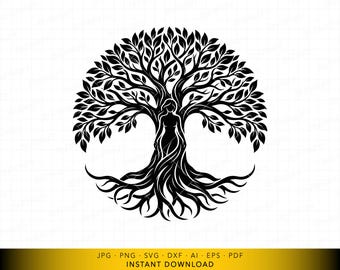 Árbol de la Vida (SVG), silueta femenina de pie con raíces, símbolo de crecimiento y equilibrio natural, árbol de la vida (SVG), archivo vectorial SVG