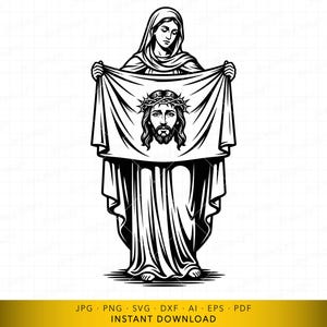 May include: Black and white illustration of a woman holding a cloth displaying the face of Jesus wearing a crown of thorns. The image is a religious depiction, suitable for various craft projects.