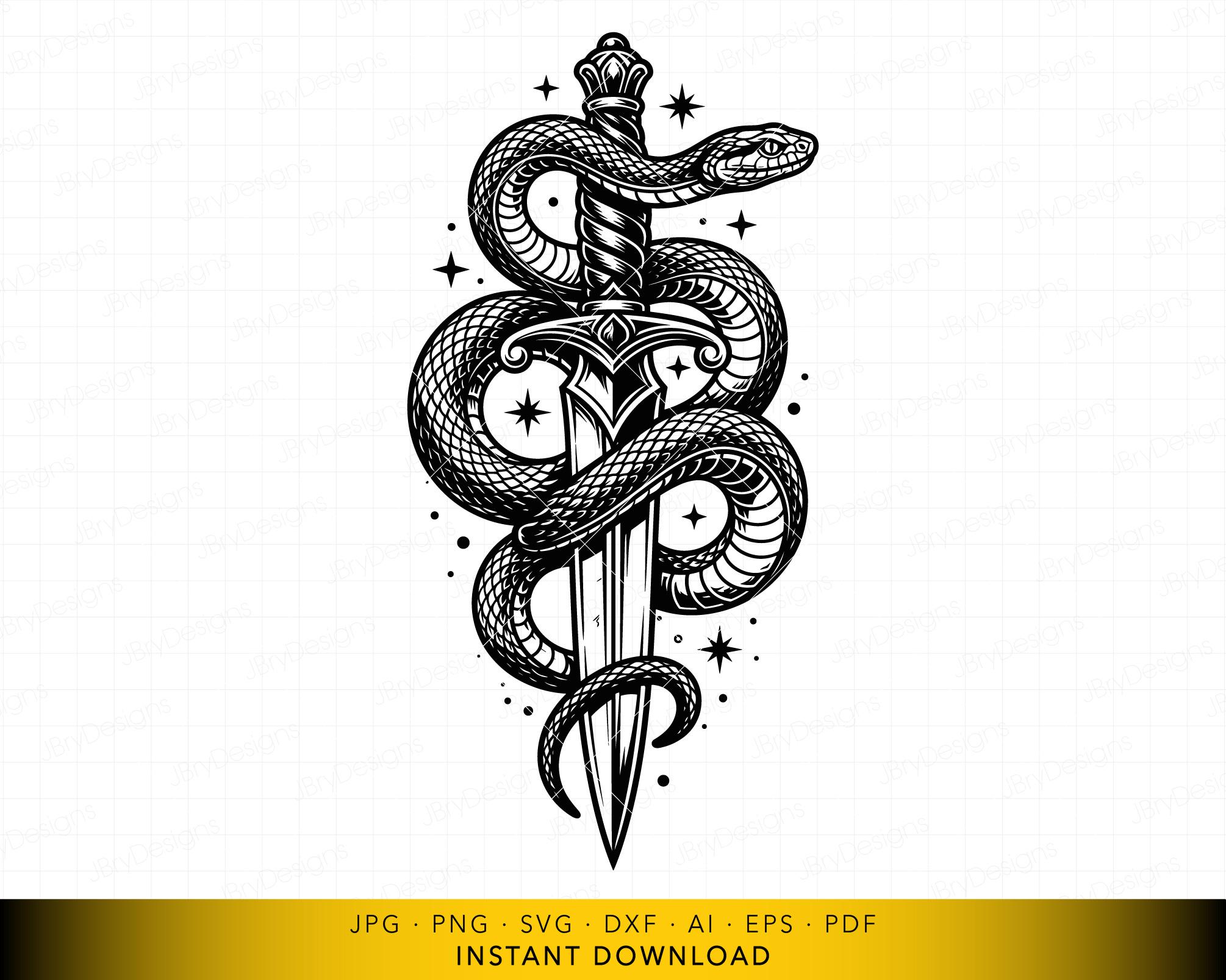 Snake Wrapped Around Sword SVG, Serpent Sword Symbol Vector File