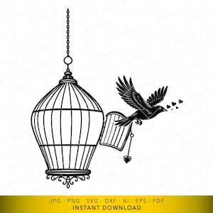 May include: Black and white illustration of a bird flying away from an open birdcage, carrying hearts. The birdcage is hanging from a chain. The image has a romantic theme.