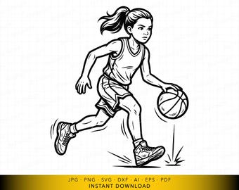 Arquivo vetorial SVG de menina jogando basquete, jogadora de basquete juvenil driblando a bola, arquivo vetorial de esportes femininos para Cricut e gravação a laser.