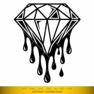 May include: Black and white graphic of a diamond with a dripping effect. The diamond shape is geometric with sharp angles and facets. The dripping effect adds a stylized, liquid element to the design. The bottom of the image includes text: JPG, PNG, SVG, DXF, AI, EPS, PDF, INSTANT DOWNLOAD.