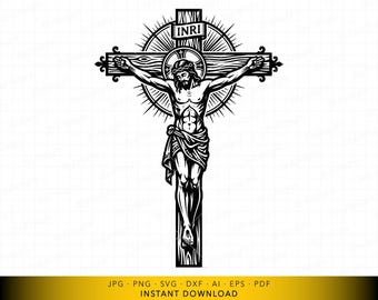 Jesus Crucifixion SVG, Catholic Crucifix Cut File, Christian Faith Cross Design, Detailed Religiou Vecto, for Cricut and Laser Engraving CNC