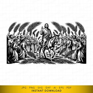 May include: Black and white illustration depicting a religious scene. A figure rides a donkey, surrounded by people holding palm branches. The image has a detailed, graphic style, with the text "INSTANT DOWNLOAD" at the bottom.