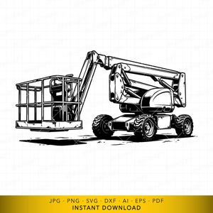 May include: Black and white illustration of a boom lift, a construction vehicle with a platform for raising workers. The lift has a wheeled base, an articulated arm, and a cage-like platform. The image is a digital drawing.