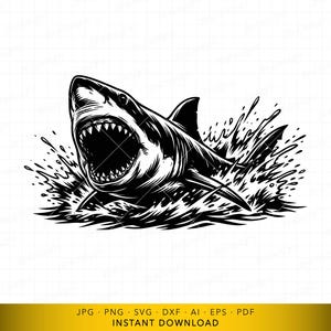 May include: A black and white illustration of a shark with its mouth open, teeth bared, and water splashing around it. The shark is depicted in a dynamic pose, suggesting movement. The image includes the text "JPG PNG SVG DXF AI EPS PDF INSTANT DOWNLOAD".