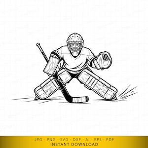 May include: Black and white illustration of a hockey goalie in a defensive stance. The goalie is wearing a helmet, chest protector, and leg pads, holding a hockey stick and glove. The image is a vector graphic.