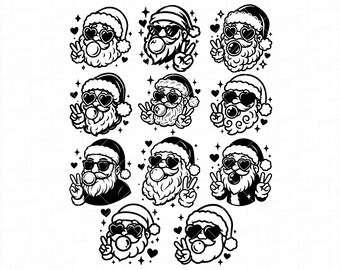かわいいサンタのバブルガムSVGバンドル · クリスマスサンタの顔11種類 · ハート型メガネとピースサインのデザイン · Cricutホリデーシャツファイル