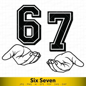 May include: Black and white graphic of the numbers 6 and 7 in a collegiate font, with open hands below each number. The text "Six Seven" is in a yellow banner at the bottom. The image is a digital design.