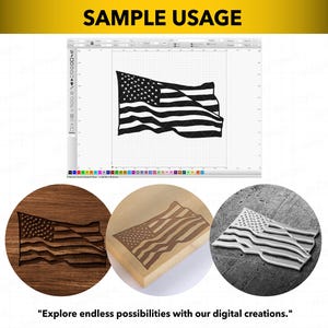 Puede incluir: Imagen que muestra el dise&ntilde;o de la bandera estadounidense en varios formatos. En la parte superior, una representaci&oacute;n digital de la bandera, y en la parte inferior, versiones talladas en madera, grabadas en un bloque claro y una versi&oacute;n impresa en 3D. El texto dice: "Explora infinitas posibilidades con nuestras creaciones digitales."