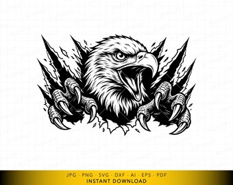 SVG de Cabeça de Águia, Cabeça de Águia Gritando com Garras, Efeito de Garras Rompendo, Vetor de Emblema Esportivo para Cricut e Gravação a Laser