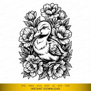 以下が含まれることがあります： アヒルのイラスト。白黒で、様式化された花と葉に囲まれています。アヒルは陰影で詳細に描かれ、花には複数の花びらがあります。画像には「JPG • PNG • SVG • DXF • AI • EPS • PDF INSTANT DOWNLOAD」というテキストが含まれています。