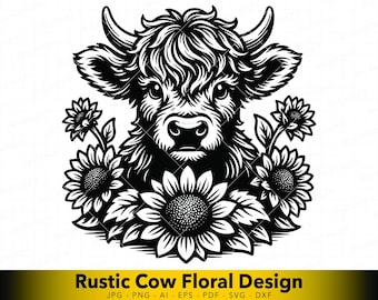 Girasole mucca delle Highlands in formato SVG, Clipart mucca rustica da fattoria, design mucca floreale di campagna per Cricut e Laser
