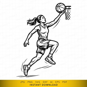 May include: Black and white illustration of a basketball player in action, jumping to shoot the ball into the hoop. The player is wearing a jersey, shorts, and sneakers. The image has a dynamic, athletic feel.