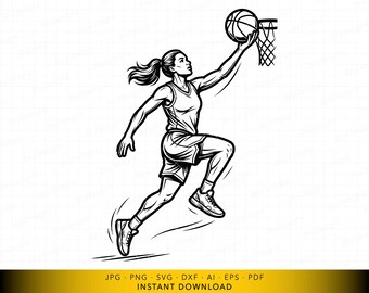 Arquivo SVG de jogadora de basquete fazendo uma bandeja, design de atleta feminina marcando ponto, arquivo vetorial esportivo para Cricut e gravação a laser.