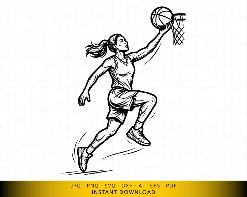 Diseño SVG de una jugadora de baloncesto realizando una bandeja, diseño de tiro anotador de una atleta femenina, archivo vectorial deportivo para Cricut y grabado láser.