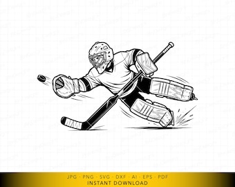 Portero de hockey sobre hielo SVG, Portero haciendo una parada, Archivo de corte digital, Silueta deportiva de acción intensa, Archivo vectorial para cortar y grabar