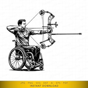Wheelchair Archer SVG, Adaptive Archery Athlete Cut File, Compound Bow Aiming Design for Cricut and Laser Engraving