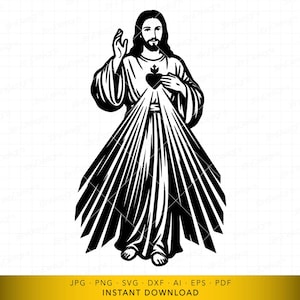 Puede incluir: Ilustración en blanco y negro de una figura con pelo largo y barba, vestida con una túnica y radiante de luz. La figura tiene un corazón en el pecho y levanta una mano. Descarga digital.