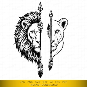 May include: Black and white graphic of a lion and lioness, bisected by decorative arrows. The lion's side features a detailed mane, while the lioness side shows a smooth face. The arrows have geometric and feather details.