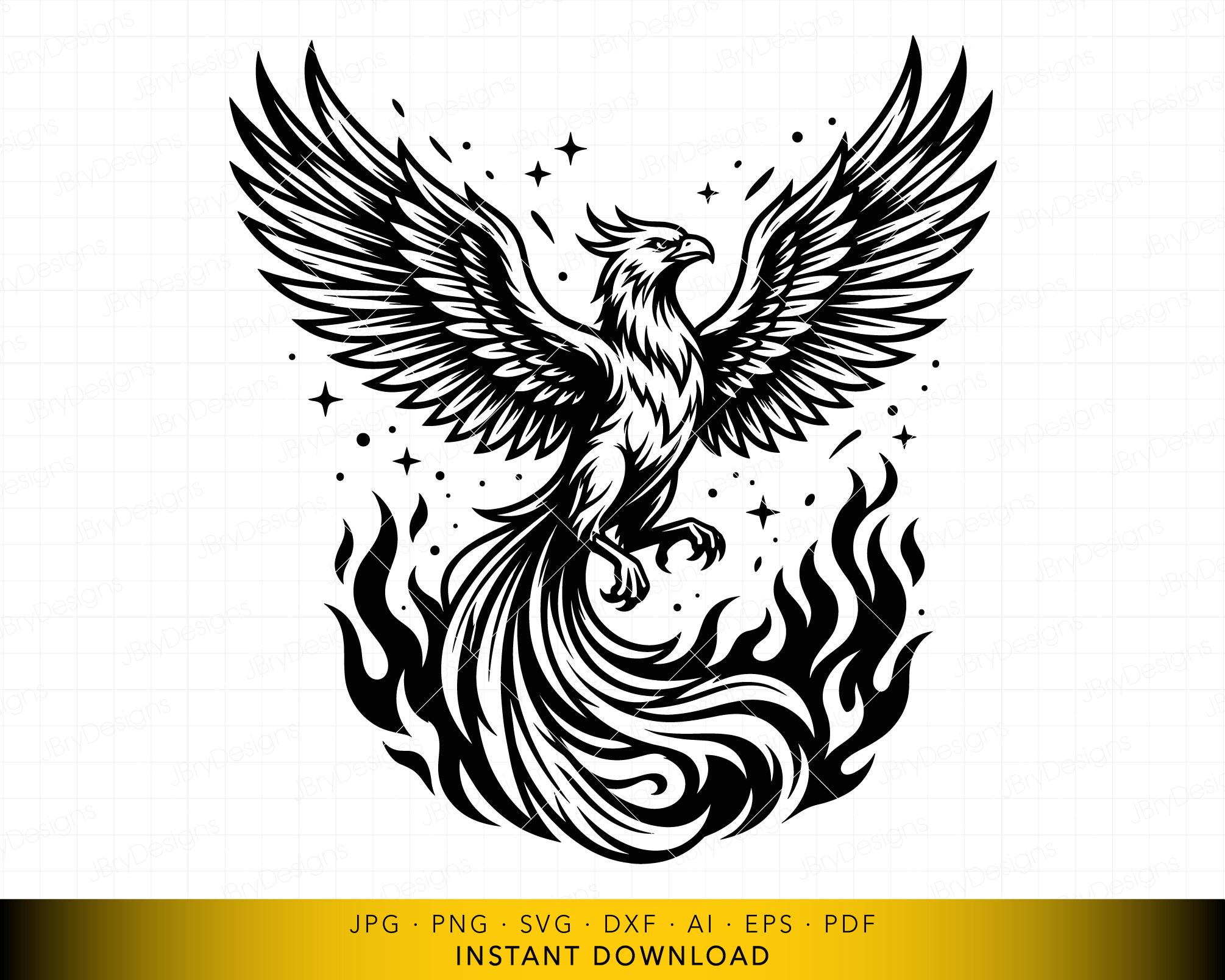 Phoenix SVG, Mythical Fire Bird Rebirth Symbol Cut File, Detailed Wings ...