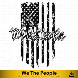 May include: Black and white distressed graphic of an American flag with the words "We The People" in a stylized font.