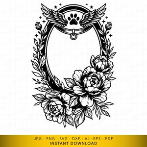 Pet Memorial SVG, Angel Wings Paw Print Frame, Floral Remembrance Oval Cut File for Cricut and Laser Engraving