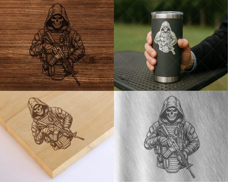 Puede incluir: Ilustraci&oacute;n detallada de una figura encapuchada con rostro de calavera, sosteniendo un rifle. El dise&ntilde;o se presenta en una superficie de madera, un vaso y una superficie met&aacute;lica. La figura lleva equipo t&aacute;ctico.