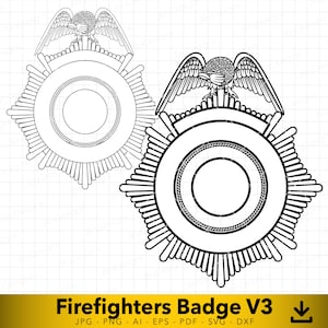 May include: Black and white line art illustration of a firefighter badge with an eagle on top. The badge is a starburst shape with a circle in the centre. The text "Firefighters Badge V3" is below the image.