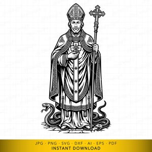 May include: A black and white illustration of a religious figure, possibly a saint, holding a shamrock and a staff with a cross. The figure is wearing ornate robes and a mitre. Two snakes are at the figure's feet.
