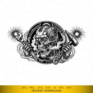 May include: Black and white illustration of a mechanical skull holding a wrench and a hammer. The skull is surrounded by gears, smoke, and starbursts, with a steampunk aesthetic. The image has a digital art style.