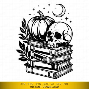 May include: Black and white illustration featuring a pumpkin, skull, and books. A stack of books supports a skull, with a pumpkin and foliage to the left. A crescent moon and stars are in the background. The bottom of the image includes file type information.