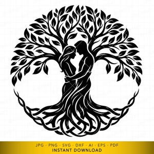 Può includere: Illustrazione in bianco e nero di un albero con una coppia che si abbraccia all'interno del suo tronco. I rami dell'albero formano una chioma circolare e le sue radici si intrecciano alla base. L'immagine include il testo "JPG PNG SVG DXF AI EPS PDF DOWNLOAD ISTANTANEO".